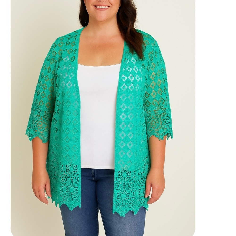 NWT Catherines Meadow Green Crochet Lace Open Front Kimono Size‎ 4X